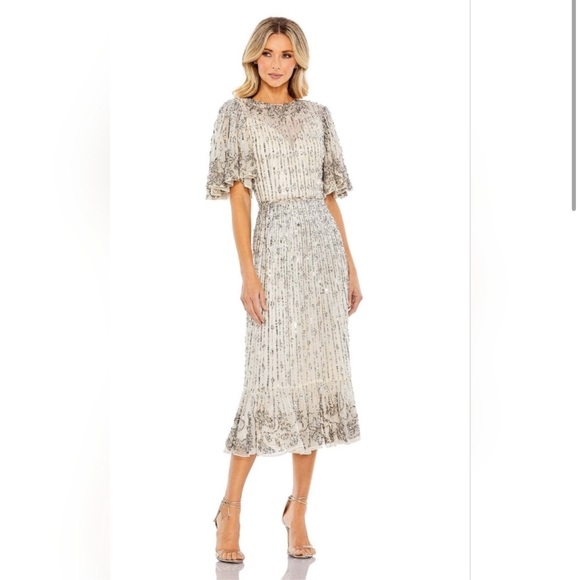 Mac Duggal 5579 Silver Flounce Sleeve Midi Dress - Nude Silver - 10 - NWT - Picture 1 of 14